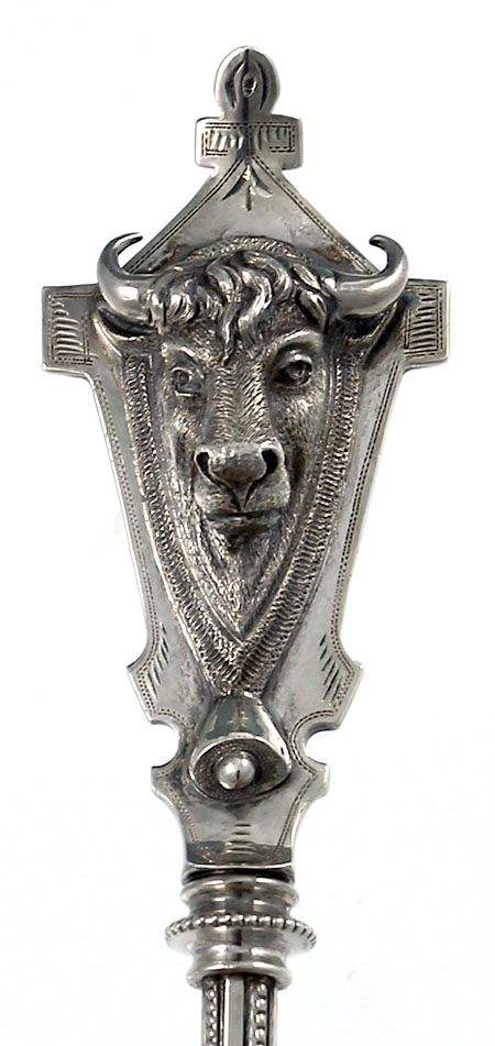 George Sharp for Bailey and Company serving spoon with bull on handle